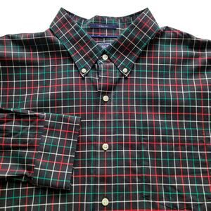 Lands’ End Men’s XL Tall Plaid Button Down Shirt Cotton Black/Red/Green No Iron